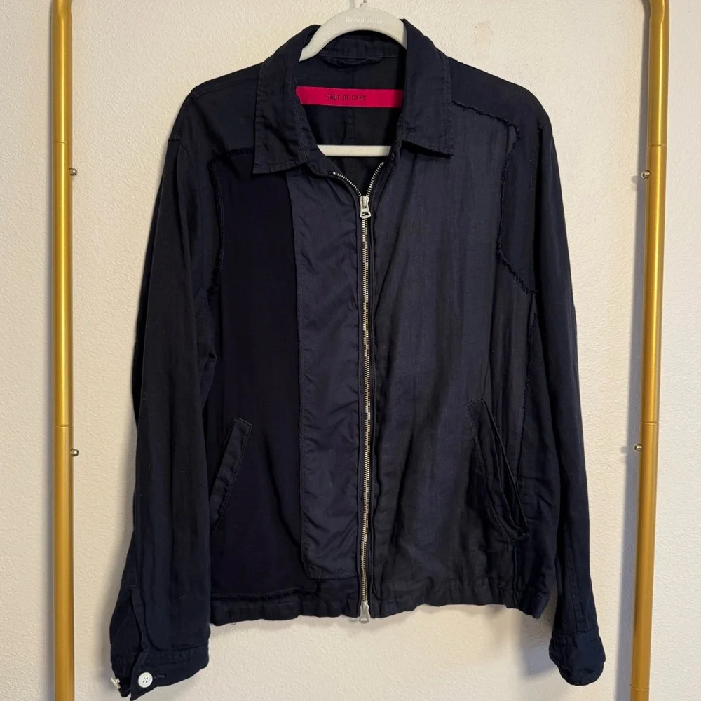 SAGE DE CRET LINEN BLEND ZIP LIGHT NAVY JACKET SZ L MADE IN‎ JAPAN